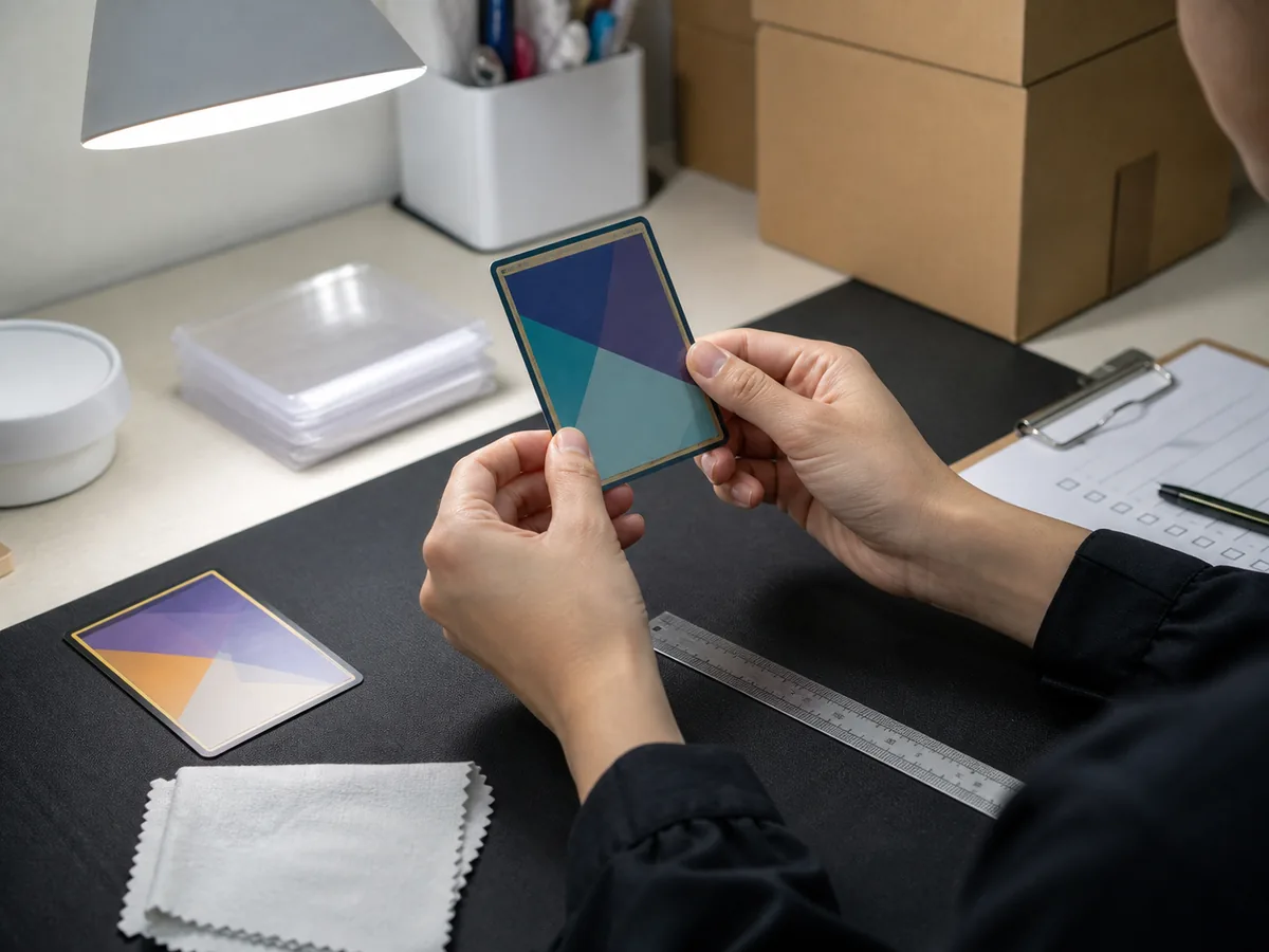Japanese proxy shopping staff checking the corners of a generic trading card before shipping