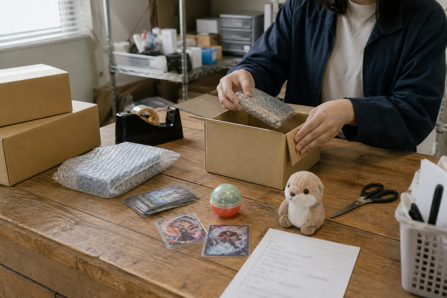Japan-based proxy shopping staff packing collectible items for international shipping