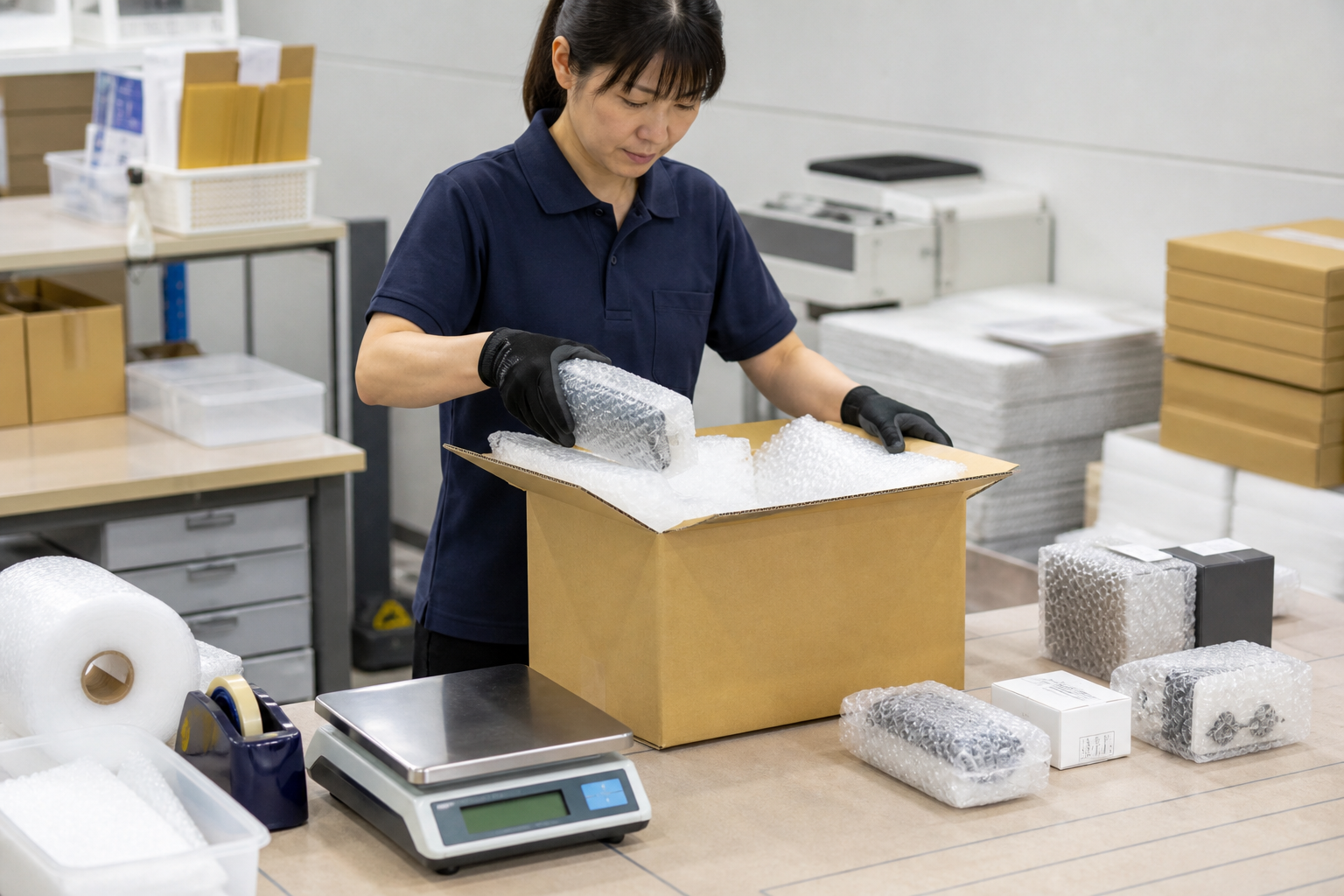 Japan warehouse worker consolidating products into one export carton