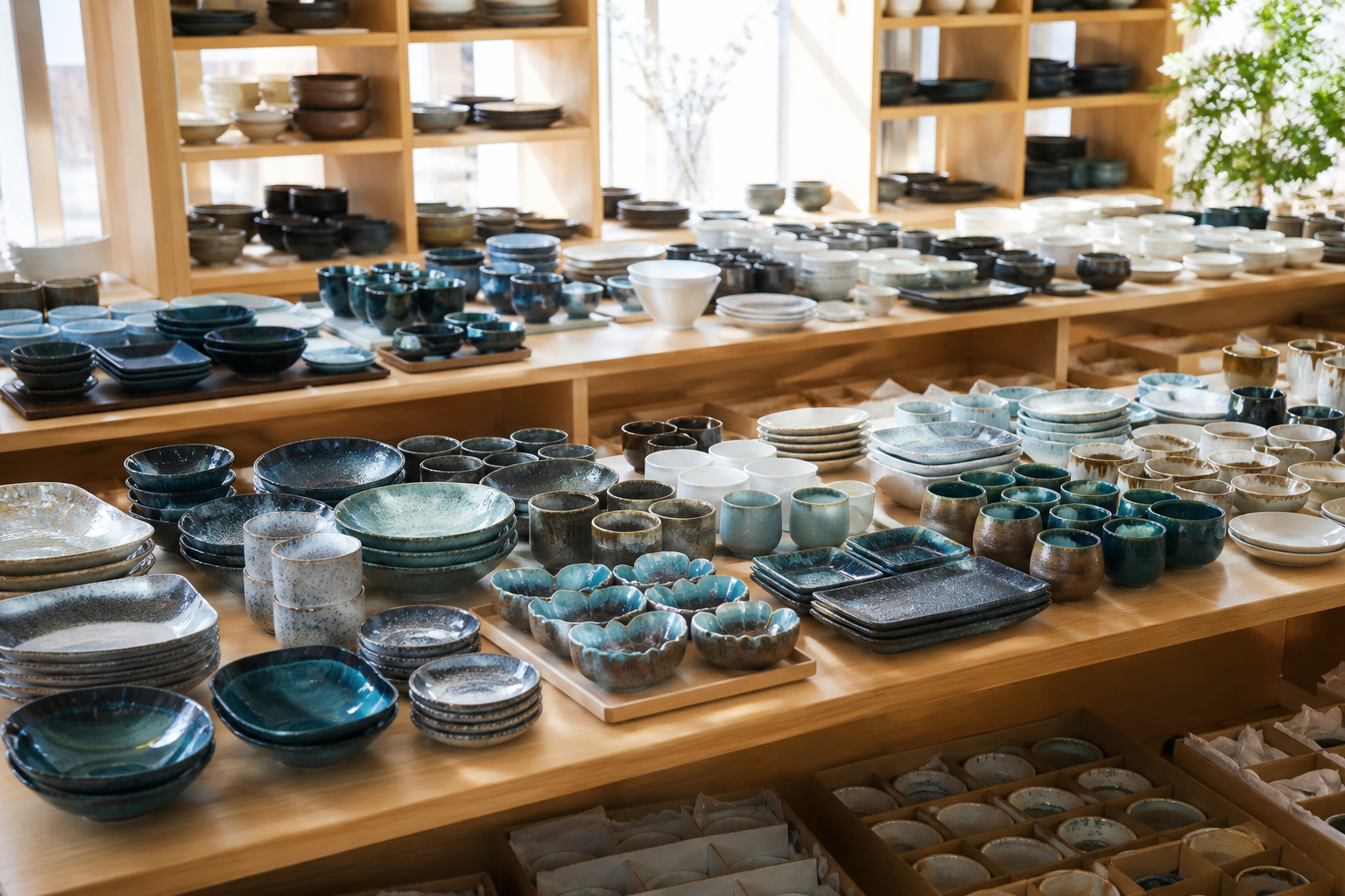 Japanese ceramics and tableware displayed for wholesale buyers