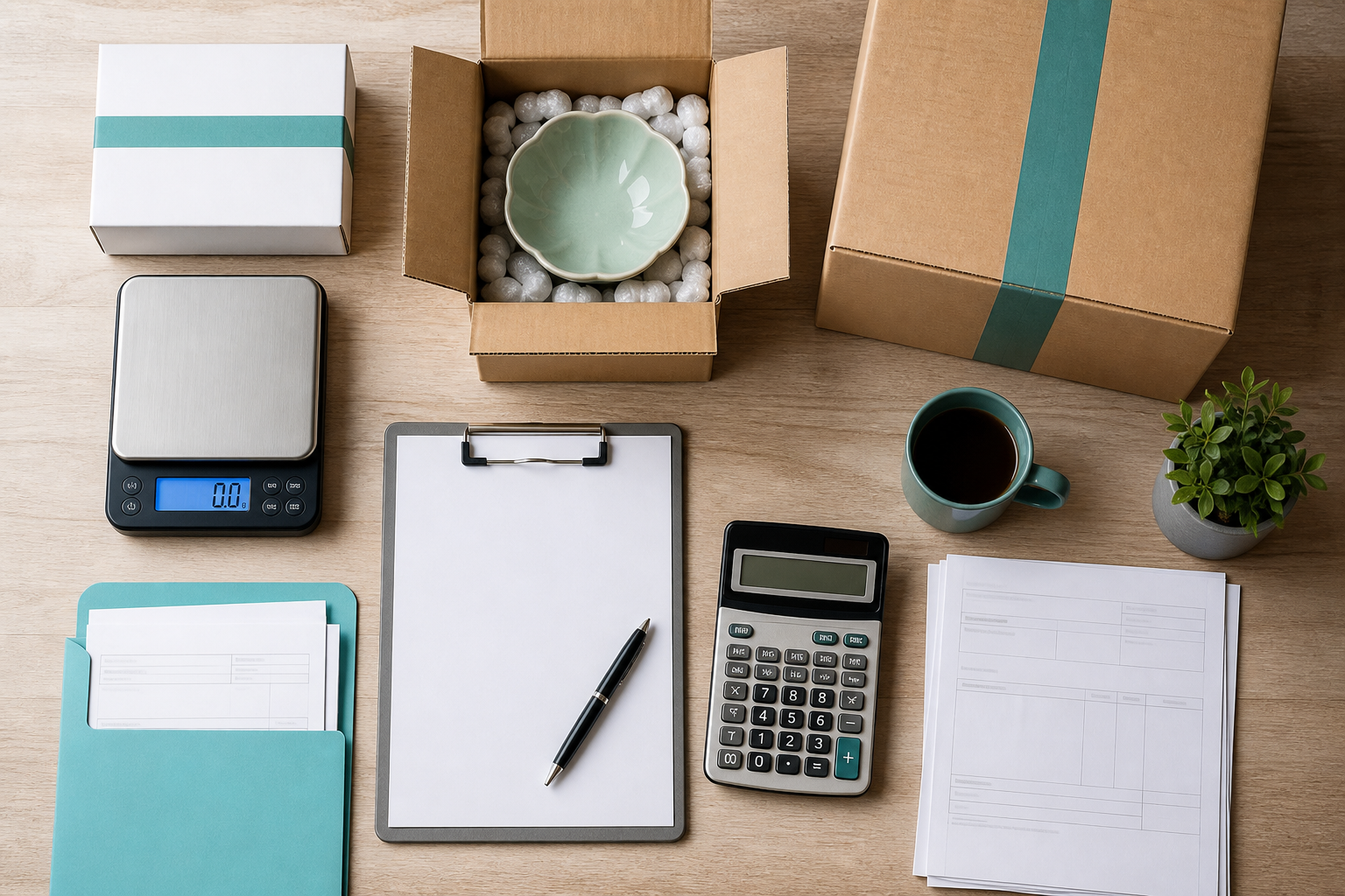 Calculator and shipping documents used to estimate landed cost