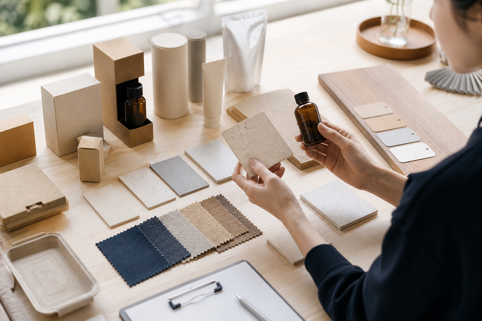Buyer comparing Japanese product samples and packaging