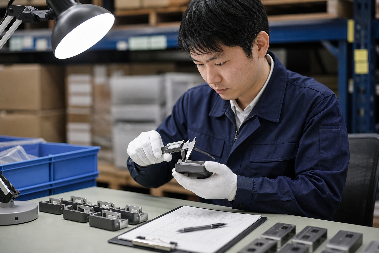 Quality inspector checking a product sample in Japan