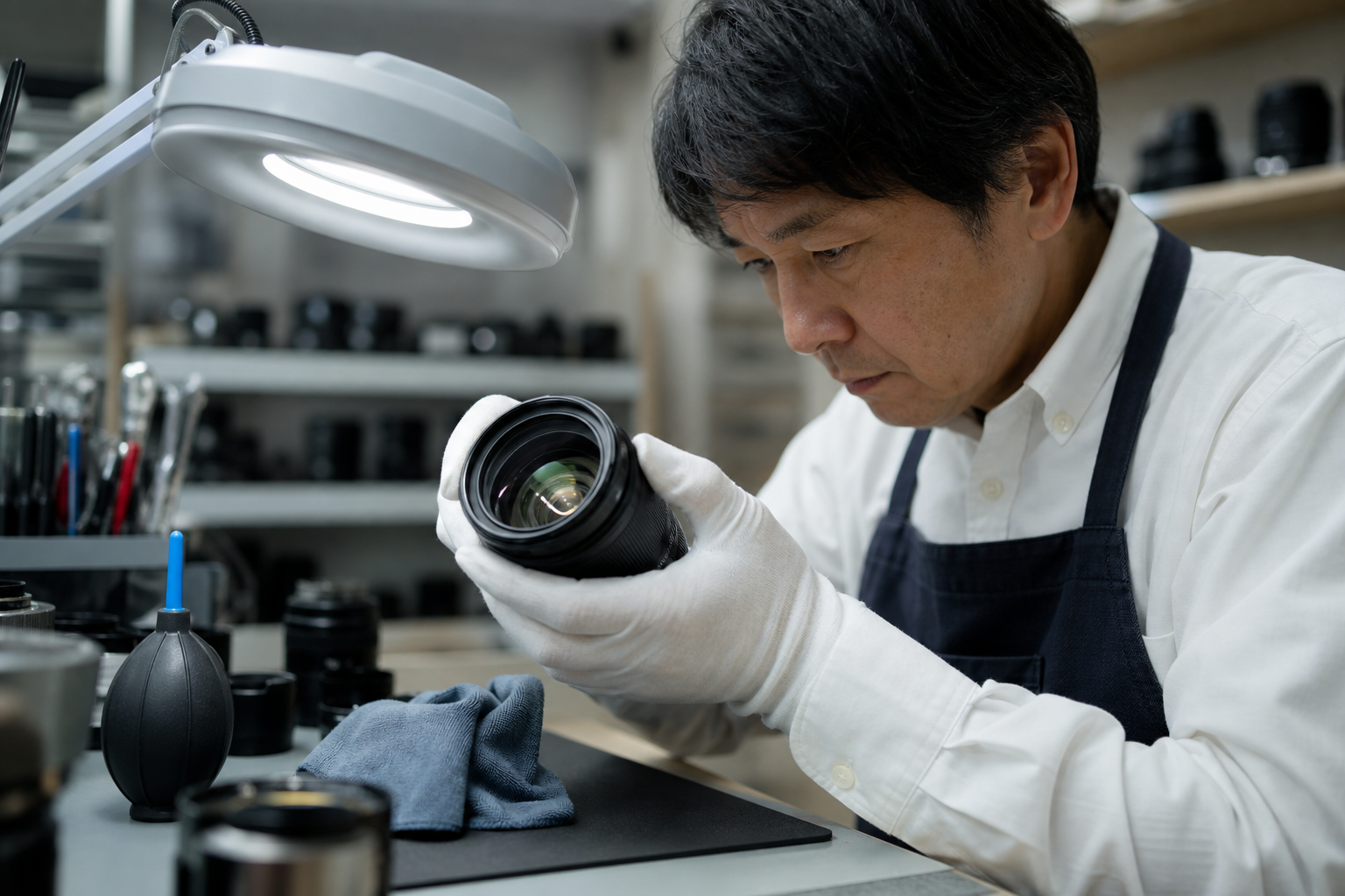 Specialist inspecting a used camera lens in Japan