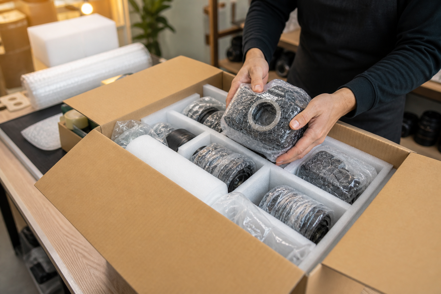Used cameras and lenses packed securely for international shipping